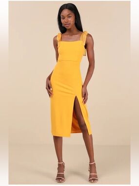 Lulu's Romantic Celebration Yellow Tie-Strap Bodycon Midi Dress Size Medium NWT